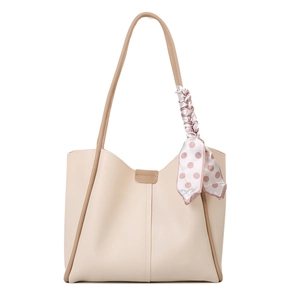 Large capacity off-white PU leather tote bag with stylish polka dot silk scarf detail