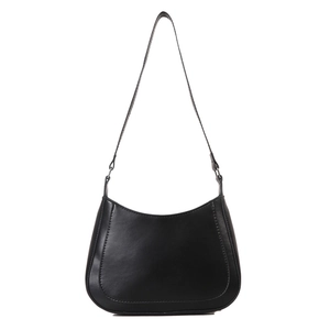 Classic black leather crescent underarm bag with adjustable strap on white background