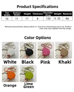 Detailed size chart and multi-color options for diamond quilted PU leather crossbody bag