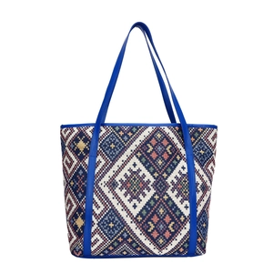 Ethnic style large capacity tote bag with colorful geometric patterns and blue handles