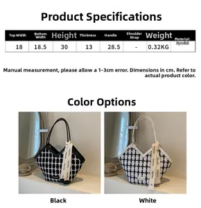 Size chart showing large plaid tweed tote bags with dimensions and color options