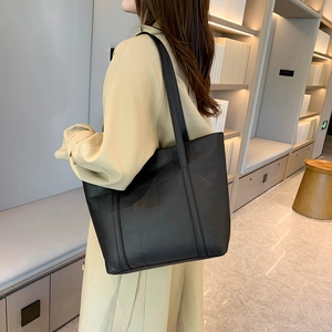 Chic black quilted PU leather tote bag with long straps for women's daily office commute