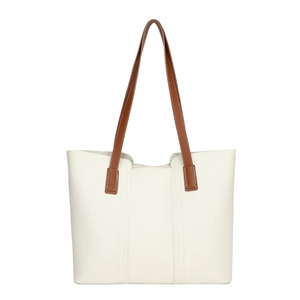 Minimalist white PU leather tote bag with dark brown straps for daily commute use