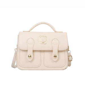 Cream white mini square handbag with gold bear emblem and rivet strap details