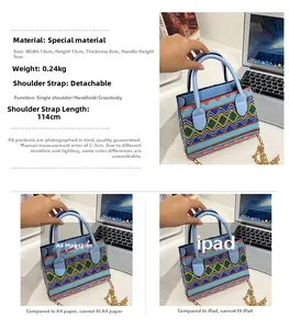Detail view of colorful woven handbag showing 18x13x8cm dimensions and chain strap