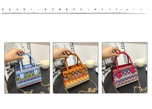 Detailed view of bohemian woven crossbody bag with chain strap and ethnic textures
