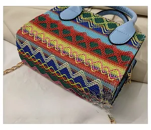 Detail of colorful geometric woven pattern and durable bottom on ethnic style handbag