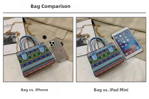 Ethnic knit handbag size comparison with iPhone and iPad showing portable scale