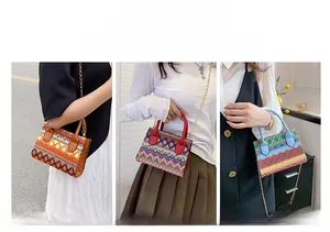 Colorful geometric woven crossbody bag with metal chain strap and dual handles
