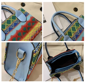 Detail views of woven handbag showing leather handle, gold hardware, and inner pocket