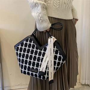 Women Tweed Plaid Tote Bag V-Neck Large Capacity Shoulder Handbag With Decorative Ribbon Scarf Elegant Office Daily