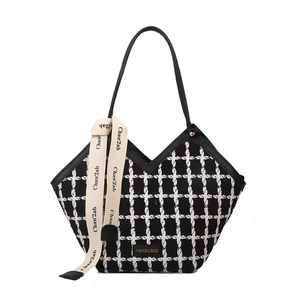 Large capacity black and white plaid tweed tote bag with V-shaped top and leather straps