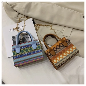 Detailed view of mini woven handbags with geometric patterns and metallic chain straps