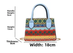Ethnic woven handbag dimensions: 18cm width, 13cm height with 9cm handle and gold chain
