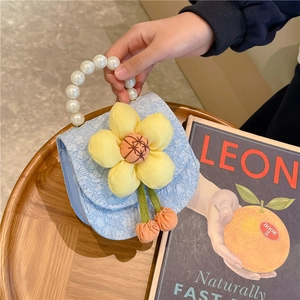 Mini sac à bandoulière bleu pour filles avec poignée en perles et détail fleur 3D