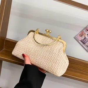 Vintage Woven Straw Shell Shoulder Bag For Women Fashion Chain Handbag With Metal Round Handle Banquet Vacation Clutch Purse
