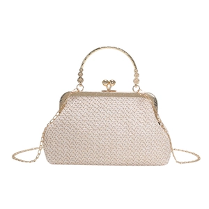 Elegant woven beige crossbody bag with gold round metal handle and chain strap
