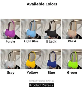 Collage of quilted shoulder bags in eight colors with fluffy pom-poms and metal chains