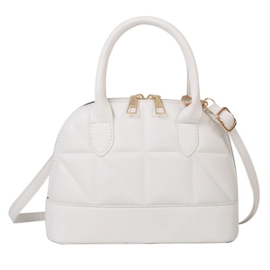 White quilted shell bag with triangular stitching and gold zippers for women