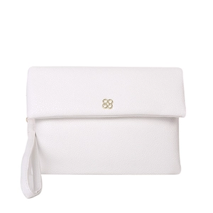 Chic white lychee grain leather envelope clutch with golden clover clasp and hand strap