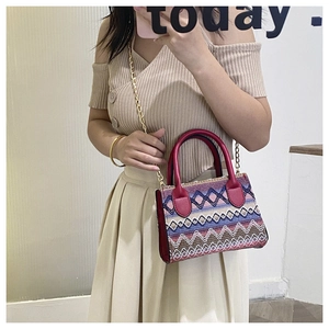 Ethnic style woven crossbody bag with geometric patterns and red leather handles