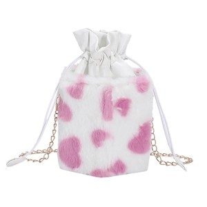 Pink heart pattern cow print plush bucket bag with golden chain strap for women