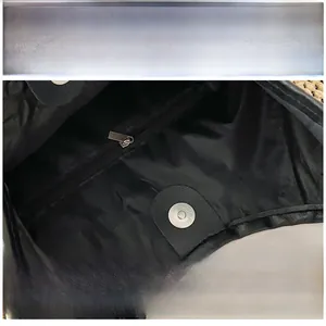 Detail view of woven beach bag interior featuring zipper pocket and magnetic phone pouch
