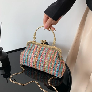 Dames Retro PP Geweven Schelp Schoudertas Veelkleurig Zigzag Patroon Handtas Met Metalen Handvat En Kettingriem Strandvakantie Crossbody Tas