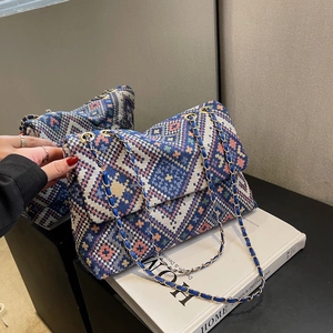 Vintage Ethnic Canvas Shoulder Bag For Women Geometric Jacquard Chain Crossbody Bag Casual Underarm Handbag Chic Daily Bag
