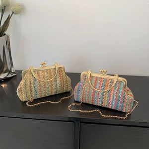 Fashion woven shell shoulder bag with colorful wave patterns and gold chain strap
