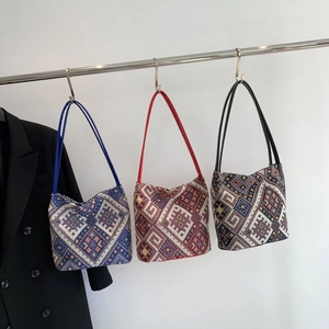 Ethnic woven bucket tote bag set with geometric diamond patterns and slim handles