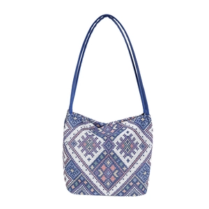 Ethnic style woven bucket bag with geometric jacquard pattern and blue handles