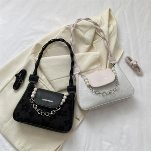 Chic jacquard underarm bag with floral texture and pearl chain strap in two colors