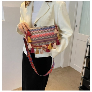 Detailed view of bohemian woven crossbody bag with vibrant geometric patterns and tassels