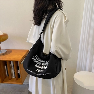 Black large capacity canvas tote bag with fashion letter prints and wide shoulder strap