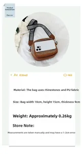 Detail of a brown rhinestone crossbody bag showing 18x15x9cm size with a smartphone for scale
