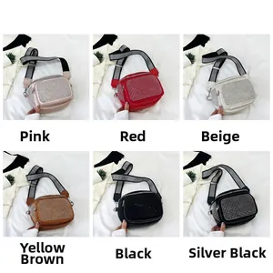 Detailed grid view of rhinestone crossbody bags in six vibrant colors with patterned straps
