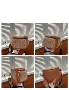 Multi-angle views of a brown rhinestone bucket bag with a stylish herringbone wide strap