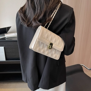 Minimalist cream quilted crossbody bag with golden chain strap for women spring 2025