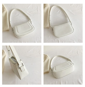 Detail view of white PU leather shoulder bag showing front, back, side and top structure