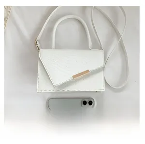 Detailed top view of a white crocodile texture bag shown next to a smartphone
