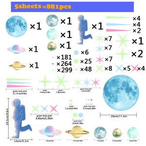 881pcs luminous space wall decals with realistic moon, astronaut and colorful glow stars