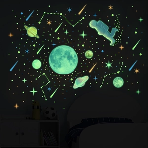 Glow In The Dark Space Wall Stickers PVC Luminous Astronaut Moon Stars Planets Decals For Kids Bedroom Nursery Room Decor