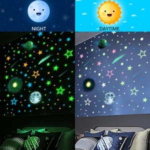 Starry night glow in the dark wall stickers showing day and night effect for bedrooms