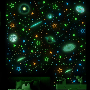 Luminous space wall stickers showing stars and planets glowing in a dark bedroom