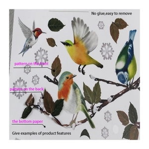 Close-up of double-sided bird and leaf static window decals showing the glue-free texture
