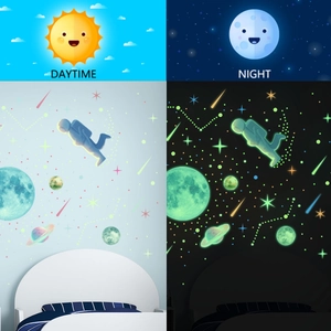 Luminous space wall stickers showing daytime light green and nighttime fluorescent glow effects