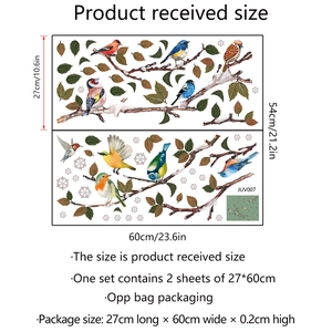 Detailed size chart for colorful birds and snowy branches static glass window decals