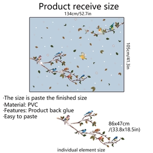 Detailed dimension guide for bird and branch static window stickers made of PVC material