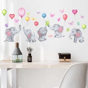 Detail of watercolor elephant wall decals with colorful balloons and butterflies